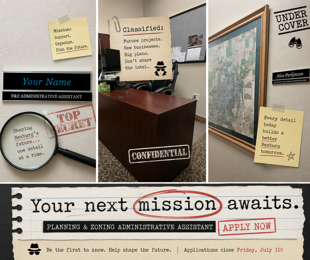 collage of 3 photos of office spaces around the Planning & Zoning area - a vacant office space, an empty name slot with "P&Z Admin Asst" on the lower row, a framed map in the P&Z hallway and decorative post it notes with sleuthy messages. "Your next mission awaits. P&Z Admin Asst - Apply Now - Be the first to know. help shape the future. Applications close Friday, July 10!"