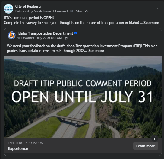 A webpage displaying a highway surrounded by greenery. Text reads "Draft ITIP Public Comment Period Open Until July 31" plus text as seen in the body of this post. 