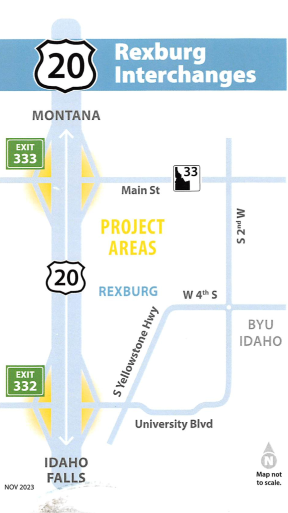 Map of the ITD diverging diamond interchanges planned for exits 333 and 332 in Rexburg.