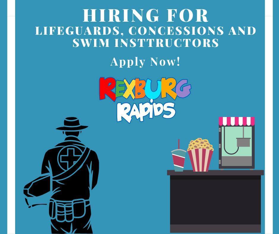 blue square graphic with lifeguard silhouette and text "hiring for lifeguards concessions and swim instructors"