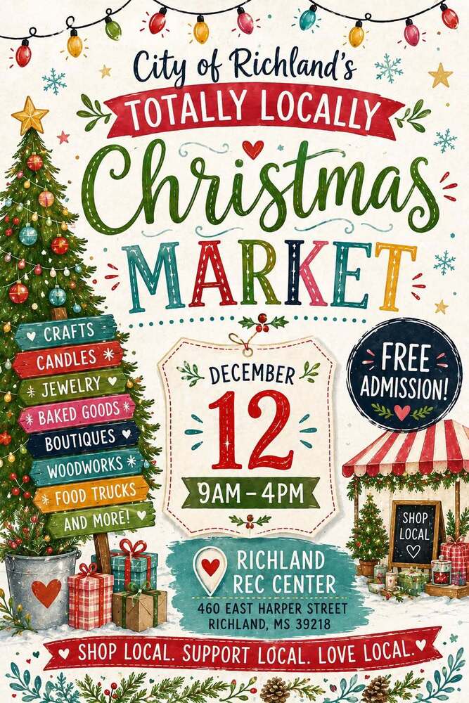 City of Richland Totally Locally Christmas Market event graphic featuring Christmas decorations and a Christmas tree. The market will be held Saturday, December 12, from 9 AM to 4 PM at the Richland Recreation Center, 460 East Harper Street. The event includes local vendors offering crafts, candles, jewelry, baked goods, boutiques, woodwork, food trucks, and more, with free admission.