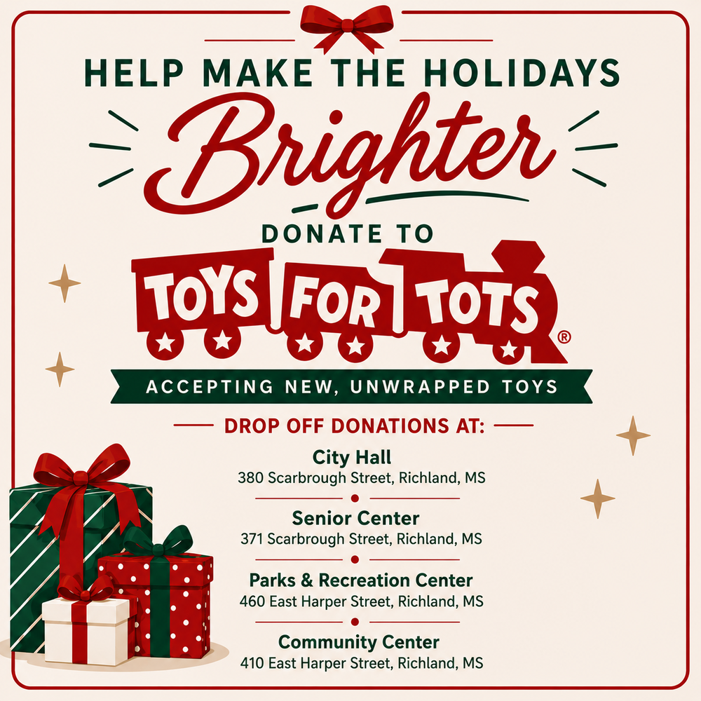 Toys for Tots donation drive graphic for the City of Richland, featuring holiday-themed decorations and information about donating new, unwrapped toys at City Hall, the Senior Center, Parks & Recreation Center, and Community Center in Richland, Mississippi