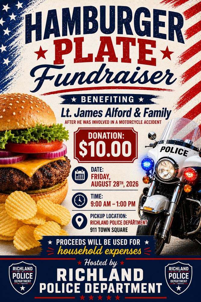 Flyer for a Richland Police Department Hamburger Plate Fundraiser benefiting Lt. James Alford and his family following a motorcycle accident. The flyer features a hamburger, potato chips, and a police motorcycle with an American flag-themed background. Hamburger plates are available for a $10 donation. The fundraiser will be held on Friday, August 28, 2026, from 9:00 a.m. to 1:00 p.m. Pickup is at the Richland Police Department, 911 Town Square. Proceeds will be used for household expenses. Hosted by the Richland Police Department.