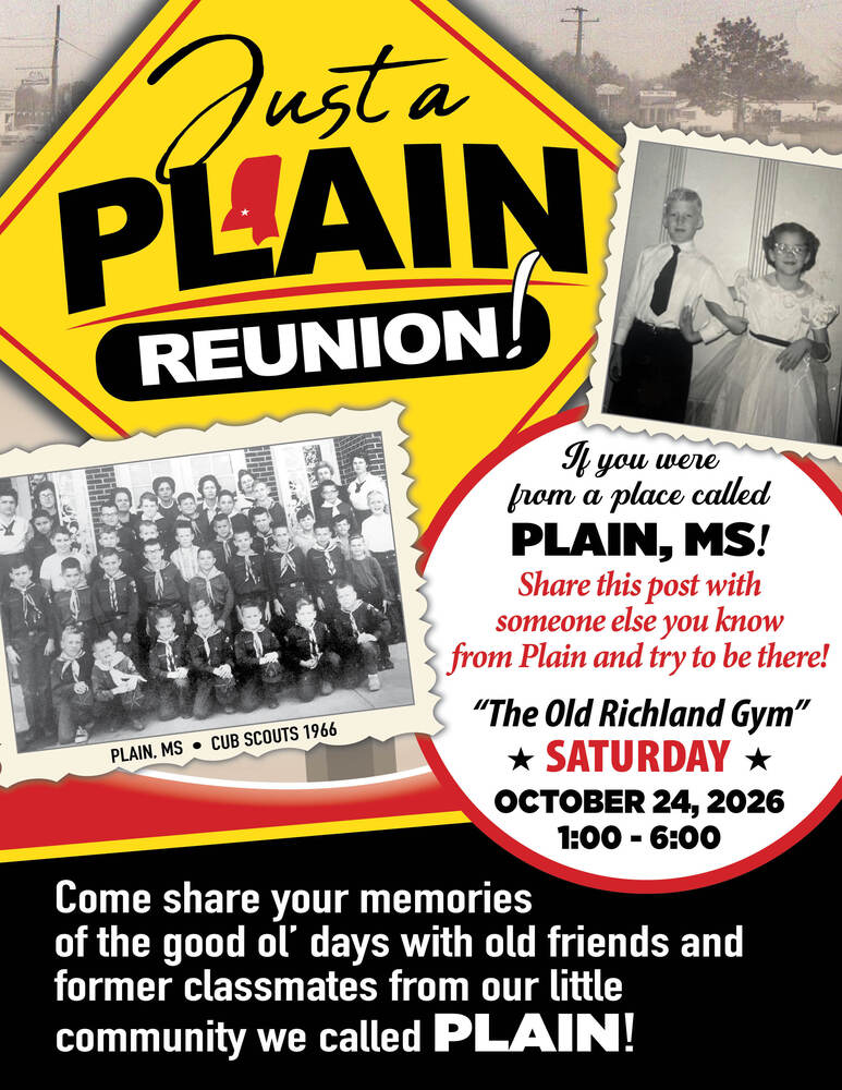 Graphic promoting the Plain, MS Reunion on Saturday, October 24, 2026, from 1:00–6:00 PM at the Old Richland Gym. The graphic features historic black-and-white photos of Plain, including a 1966 Cub Scouts group photo and a photo of two children, along with a large “Just a Plain Reunion!” headline. The graphic invites people from Plain to reconnect, share memories, and spread the word about the reunion.