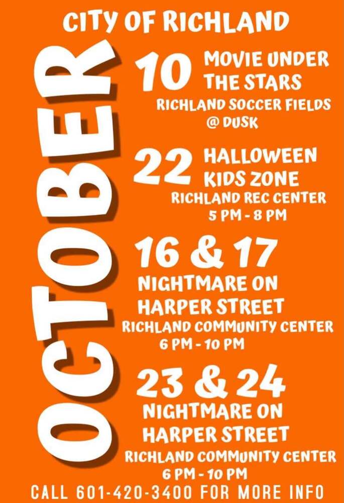 City of Richland October Halloween events graphic featuring Movie Under the Stars on October 10 at the Richland Soccer Fields, Halloween Kids Zone on October 22 at the Richland Rec Center, and Nightmare on Harper Street on October 16–17 and October 23–24 at the Richland Community Center. Event times and contact information are included