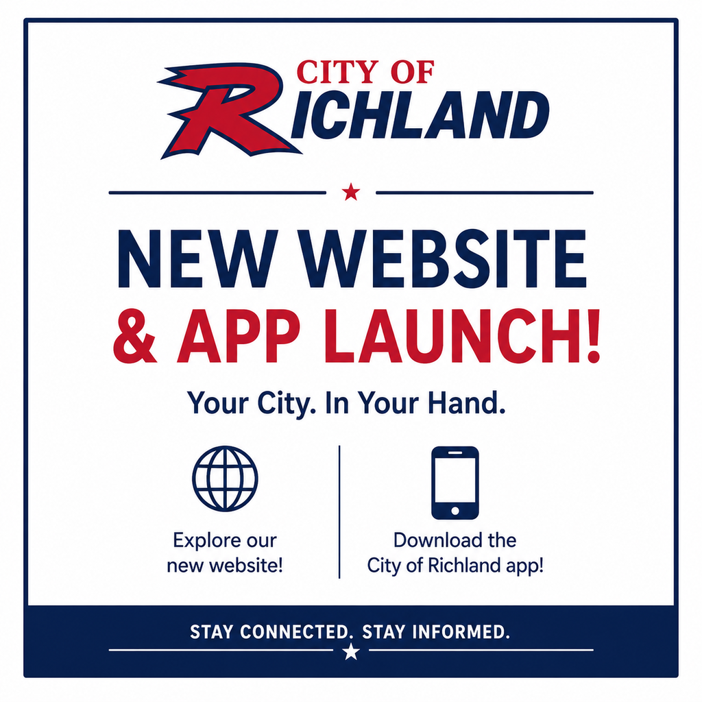 Announcement for the City of Richlandโs new website and app launch, inviting users to explore online services.