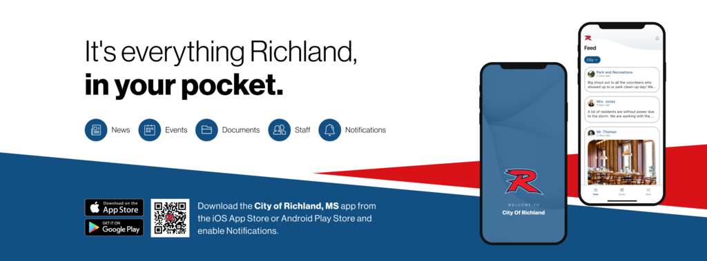 Two smartphones display the City of Richland, MS app interface, with icons for news, events, documents, staff, and notifications shown beside app store download options.