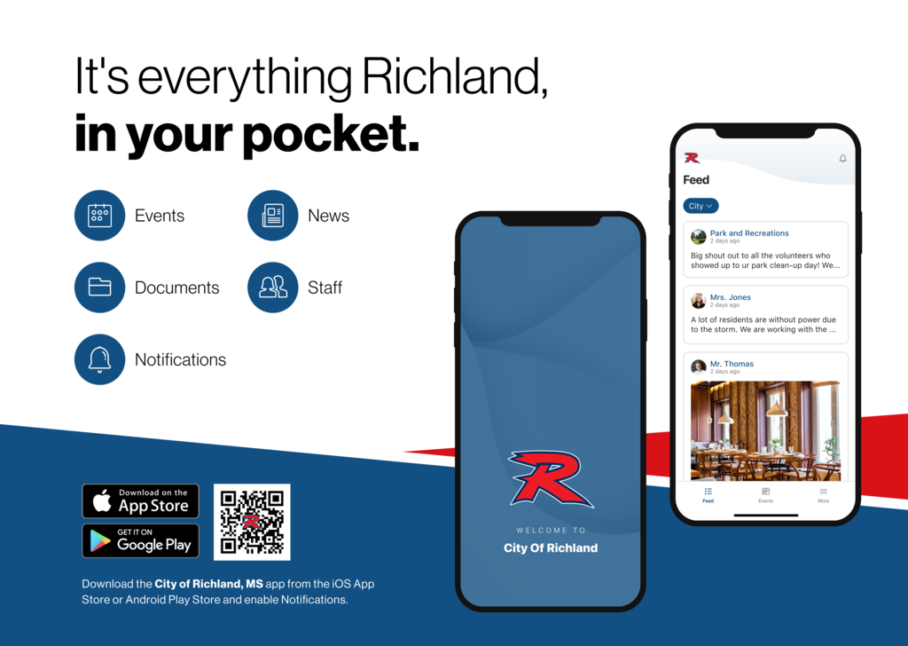 Promotional graphic for the City of Richland, Mississippi mobile app. The headline reads, "It's everything Richland, in your pocket." Icons highlight app features including Events, News, Documents, Staff, and Notifications. Two smartphone mockups display the app's welcome screen and news feed. At the bottom are Apple App Store and Google Play download badges, a QR code for downloading the app, and text encouraging users to download the City of Richland, MS app and enable notifications. The graphic uses the city's red, white, and blue branding.