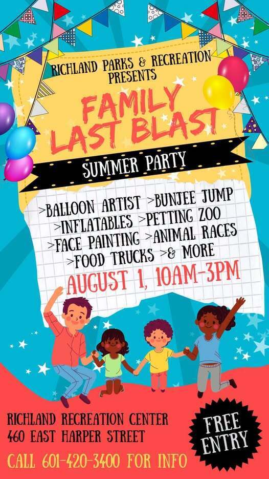 Colorful event flyer for the Richland Parks & Recreation Family Last Blast Summer Party. The graphic features festive balloons, pennant banners, stars, and illustrations of four children playing. Text reads: "Richland Parks & Recreation Presents Family Last Blast Summer Party." Activities include a balloon artist, bungee jump, inflatables, petting zoo, face painting, animal races, food trucks, and more. The event takes place August 1 from 10:00 a.m. to 3:00 p.m. at the Richland Recreation Center, 460 East Harper Street. A badge in the corner states "Free Entry," and the bottom of the flyer lists the contact number 601-420-3400 for more information.