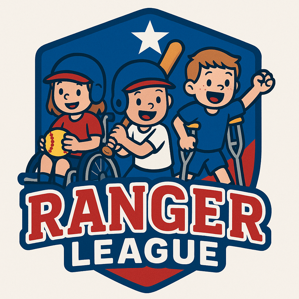 Ranger League logo featuring three smiling young softball players of varying abilities standing together as teammates. One player is seated in a wheelchair holding a softball, one is wearing a batting helmet and holding a bat, and one is using forearm crutches with a raised fist in celebration. The logo is displayed in the City of Richland's red, white, and blue colors with the words "Ranger League.