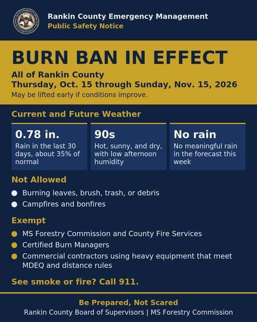 Rankin County Emergency Management public safety notice announcing a burn ban in effect for all of Rankin County from October 15 through November 15, 2026, unless lifted earlier. Burning leaves, brush, trash, debris, campfires, and bonfires is prohibited. Exemptions include the Mississippi Forestry Commission and County Fire Services, certified burn managers, and qualifying commercial contractors. Hot, dry weather and little to no rain increase fire risk. Call 911 if you see smoke or fire.