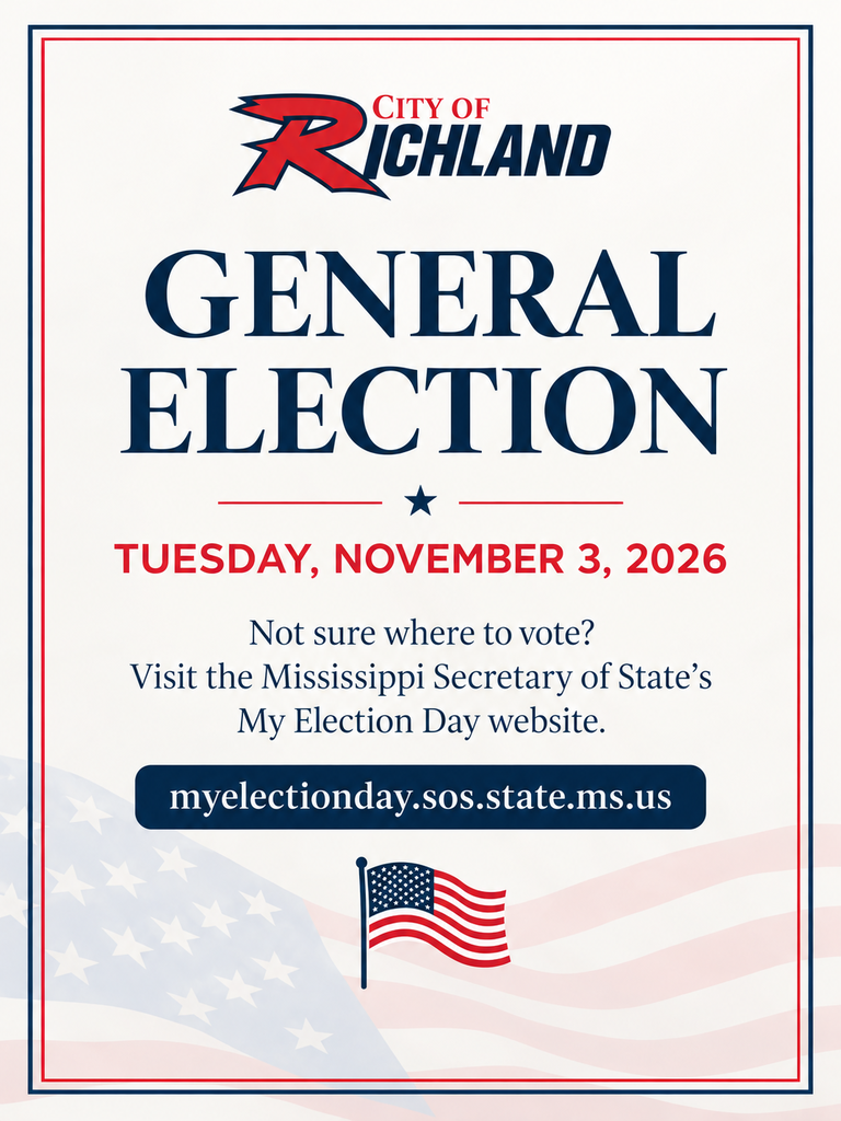 City of Richland General Election graphic announcing Election Day on Tuesday, November 3, 2026. The graphic features the City of Richland logo, navy blue and red lettering, a subtle American flag background, and a waving American flag. It directs residents who are unsure where to vote to visit the Mississippi Secretary of Stateβs My Election Day website at myelectionday.sos.state.ms.us.