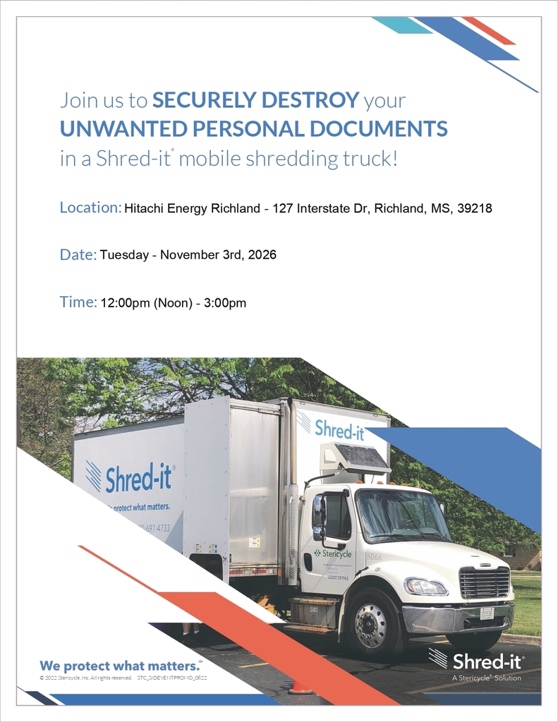 Shred-It event flyer featuring a mobile shredding truck. The event will take place Tuesday, November 3, 2026, from 12 PM to 3 PM at Hitachi Energy Richland, 127 Interstate Drive, Richland, MS 39218. Residents are invited to securely destroy unwanted personal documents.