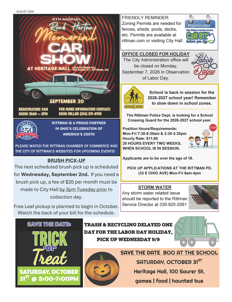 Upcoming events for the city. Memorial car show; school back in session; brush pick up; trash delayed for Labor Day; Trick or Treat date announced