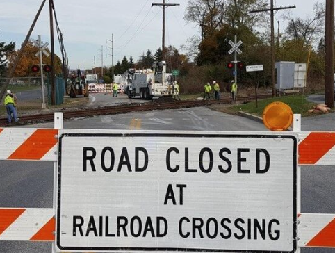 ROAD CLOSED AT RAILROAD CROSSING