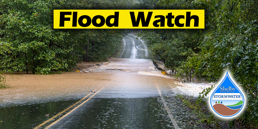Flood Watch with stormwater logo and flooded roadway