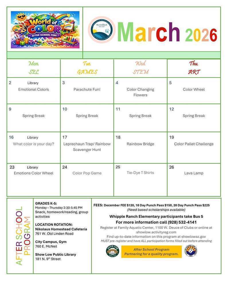 After School Program March Calendar