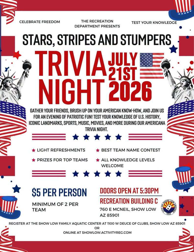 Stars, stripes, and stumpers trivia night flier