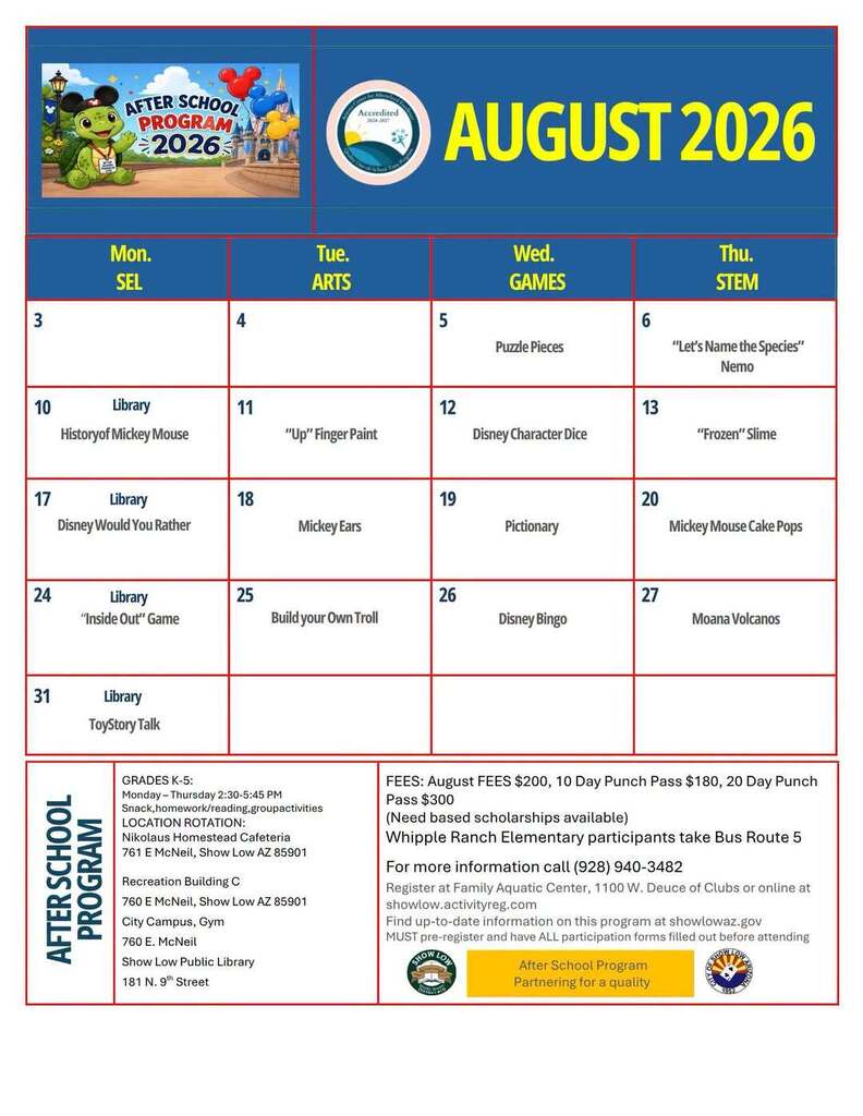 After School Program August Calendar