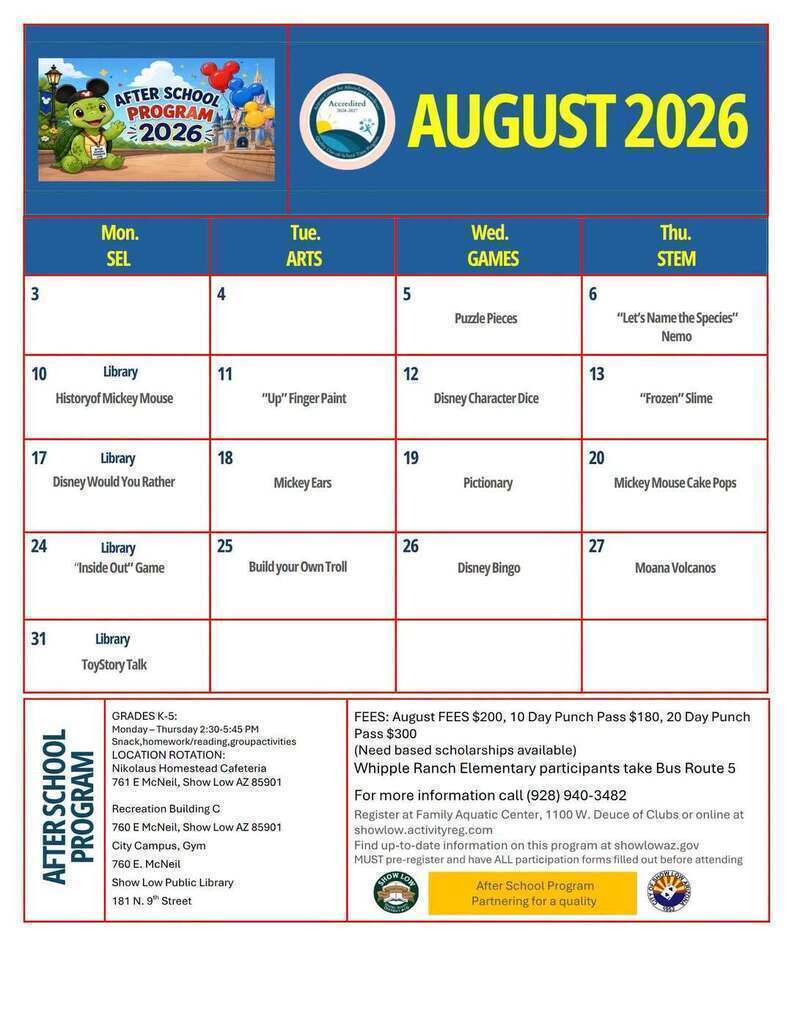 After School Program August Calendar