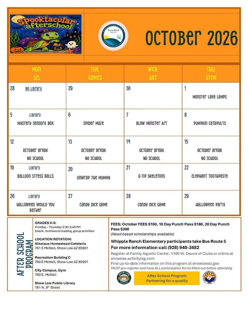 October After School Program Calendar