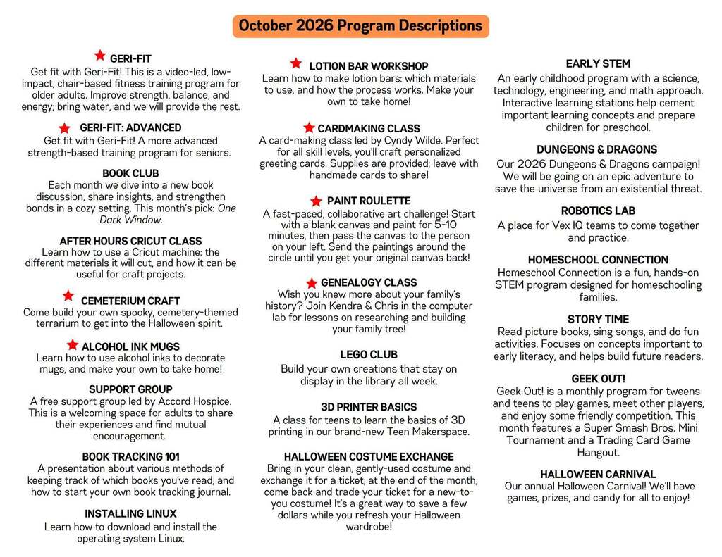 October Library Events Descriptions