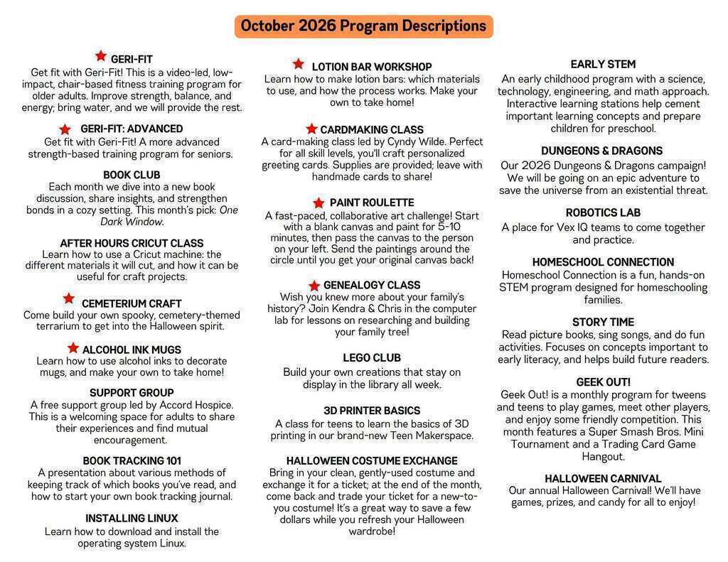 October Library Events Descriptions