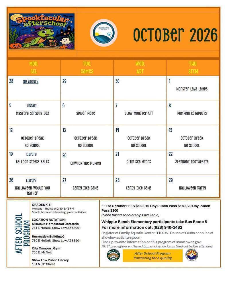 October After School Program Calendar