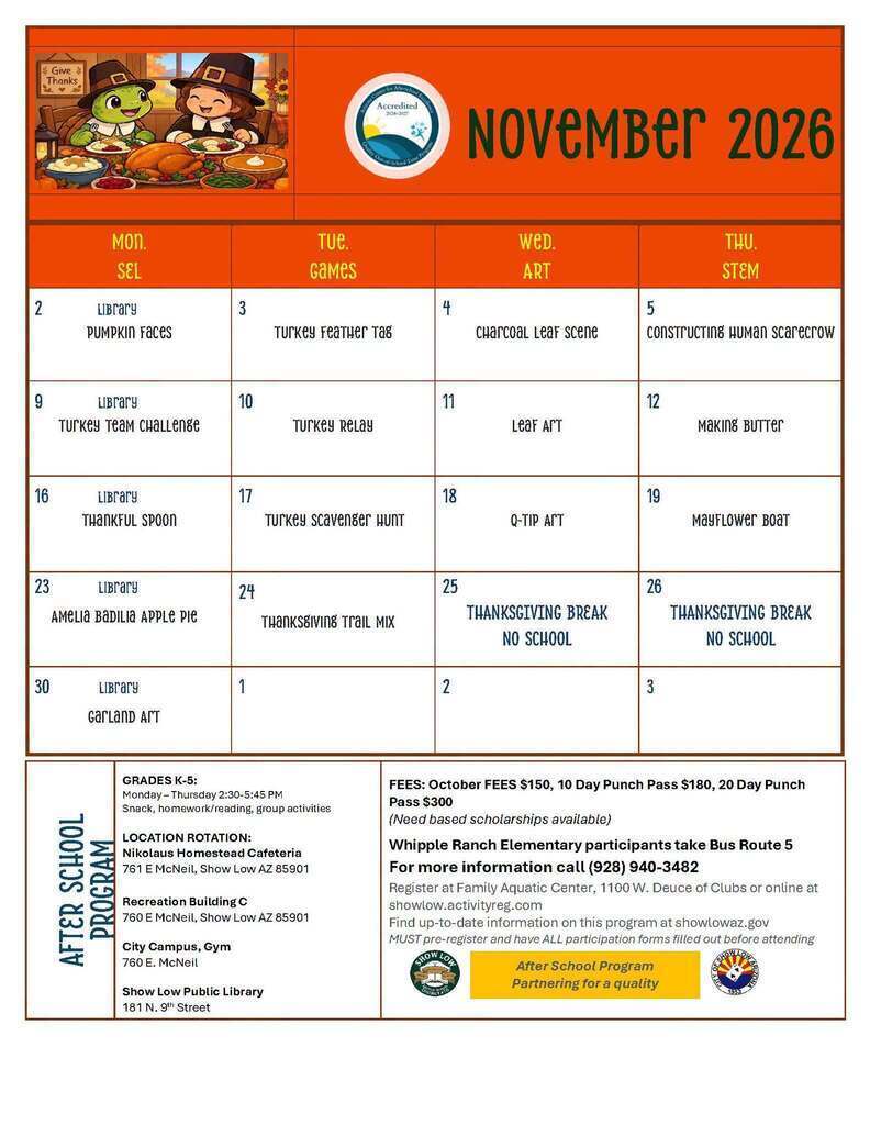 November After School Program Calendar