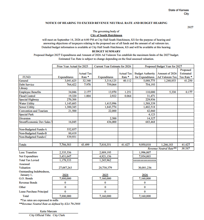 Notice of Hearing to Exceed Revenue Neutral Rate and Budget Hearing