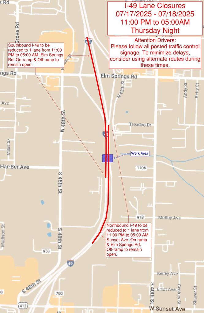 Roadwork Markups for COS for I-49 Lane Closures for Bridge Painting_July 2025