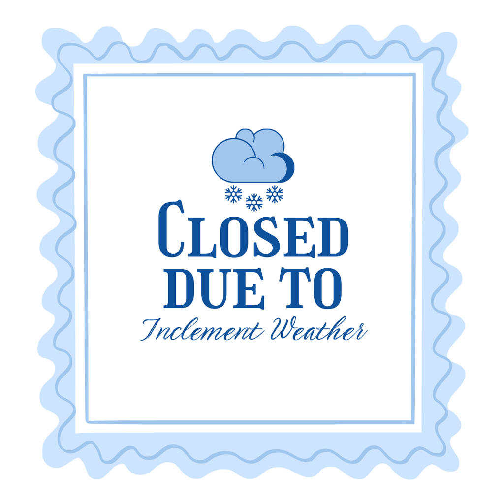 A light blue and white graphic with a decorative wavy border. In the center is a blue cloud icon with falling snowflakes above bold text that reads āClosed Due to Inclement Weather,ā with āInclement Weatherā written in a cursive font. The overall design has a calm, winter-themed appearance.