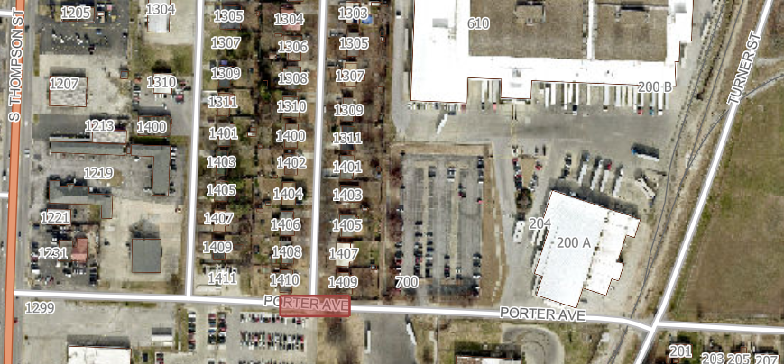 Map of Springdale between S Thompson St and Turner St. A road closure is shown as a red box around the intersection of Porter Ave and Shipley St. 