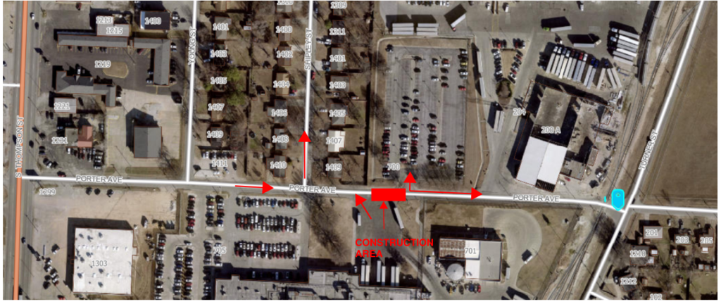 A map of Porter Ave shows a proposed closure just east of the intersection of Shipley and Porter. Construction will start March 5.