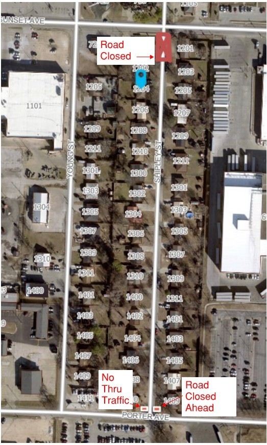 A map showing the location of a street closure at Shipley and Sunset.