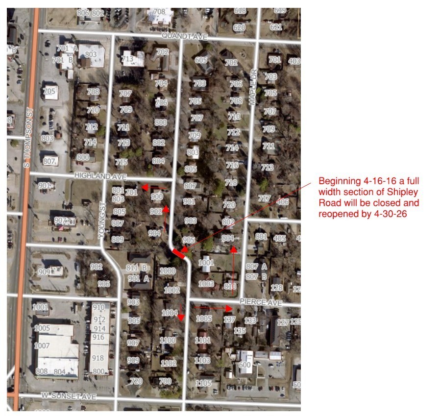 Map of Shipley St between Highland Ave and W Sunset Ave showing a full road closure at approximately 1000 Shipley and detour options.