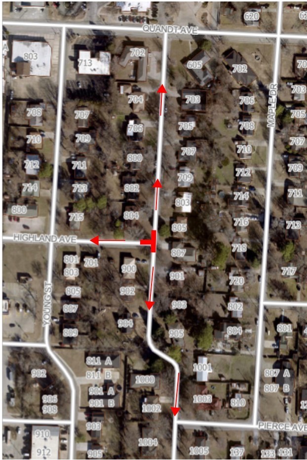 A map showing the intersection of Shipley and Highland Ave where roadwork will occur. Detour arrows are shown. 