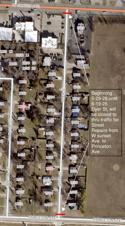 Map of Dyer St between Sunset and Princeton showing where the road will be closed for through traffic. 