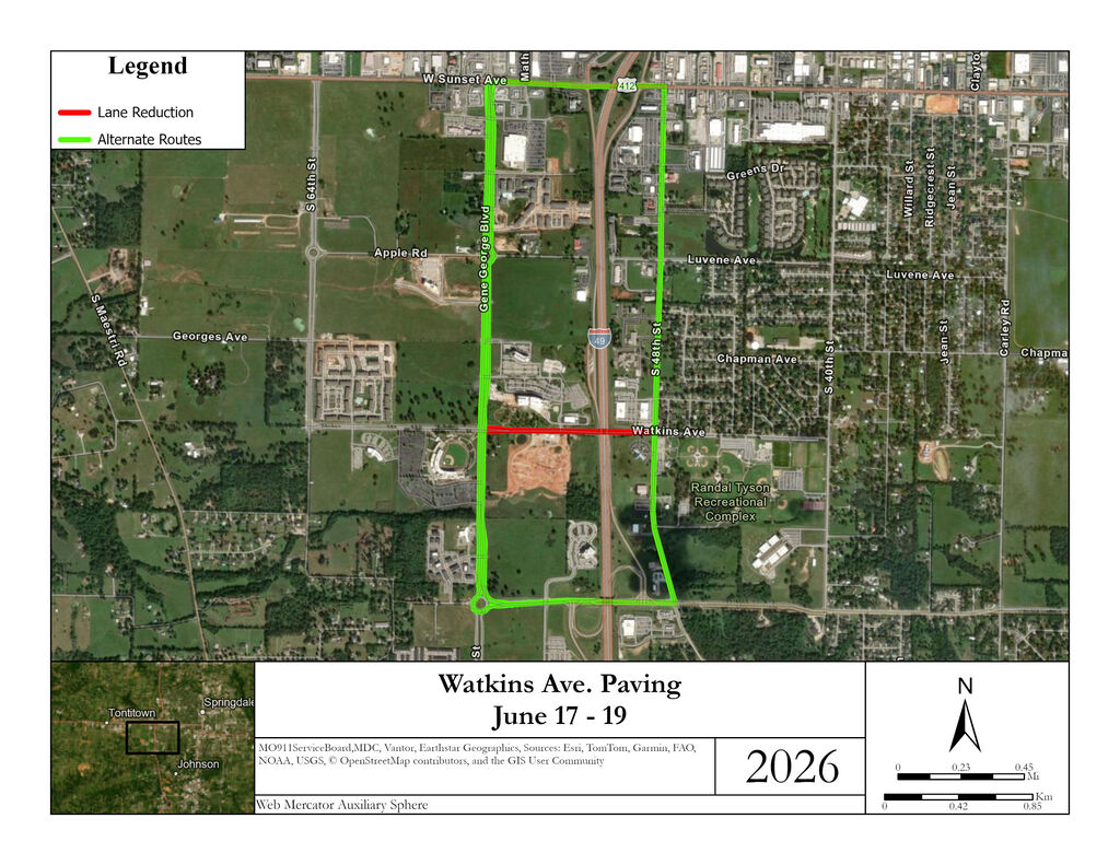 Map of lane reduction area and alternate routes for Watkins Ave.
