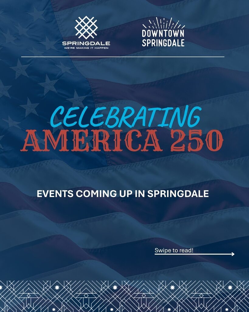 A cover image introducing Springdale's America 250 event series.  A large American flag waves across the entire background. The City of Springdale logo and Downtown Springdale logo appear near the top.  Large decorative text reads "Celebrating America 250."  Below, bold white lettering reads "Events Coming Up in Springdale."  In the lower right corner, small text instructs viewers to swipe to read additional event information.  The design serves as an introductory slide for a series of community events honoring the 250th anniversary of the United States.