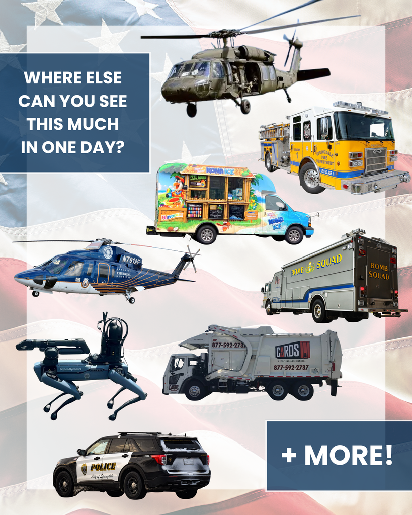 A promotional graphic with a faded American flag filling the background. A large, semi-transparent white border frames the composition. On the left side near the top, a dark blue rectangular text box with large white, all-capital letters reads: “WHERE ELSE CAN YOU SEE THIS MUCH IN ONE DAY?” In the bottom right corner, another dark blue box with large white text reads: “+ MORE!”  Scattered throughout the center of the image are cutout photographs of a variety of emergency, municipal, and specialty vehicles arranged like a collage.  At the top center is an olive-drab military-style utility helicopter flying toward the left with its side door open.  To the upper right is a bright yellow fire engine labeled “Springdale Fire Department” with blue striping and chrome detailing, angled slightly toward the viewer.  Near the center is a colorful Kona Ice shaved ice truck decorated with tropical graphics, palm trees, parrots, and bright blue, green, and orange colors.  Below the Kona Ice truck on the left is a blue medical helicopter marked “Arkansas Children’s Hospital” with a white stripe and the tail number N761AE visible.  To the right of the medical helicopter is a large gray Bomb Squad truck with blue and gold lettering on the side and rear.  Near the bottom left is a four-legged robotic dog, resembling a Boston Dynamics Spot robot, equipped with mounted sensors or inspection equipment.  Centered near the bottom is a white garbage truck labeled “CARDS Recycling and Disposal” with a phone number printed on the side.  In the lower left corner is a black-and-white police SUV with “POLICE – City of Springdale” printed on the doors.  The overall design emphasizes the wide variety of vehicles and equipment attendees may encounter during a single event, suggesting displays from military, law enforcement, fire rescue, emergency medical services, public works, waste management, robotics, and community vendors, with the “+ MORE!” text indicating additional attractions not pictured.
