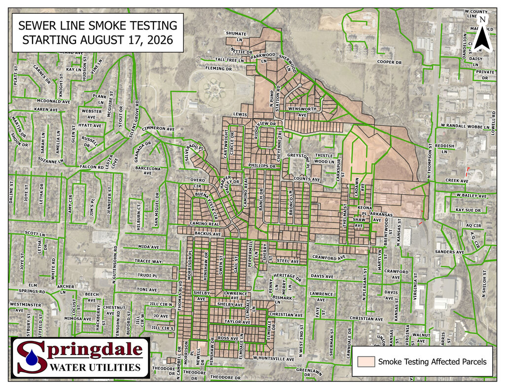 A street and aerial map of central Springdale showing the area affected by sewer line smoke testing beginning August 17, 2026. A large tan-shaded area labeled “Smoke Testing Affected Parcels” covers neighborhoods primarily north of West Huntsville Avenue, west of North Thompson Street, and extending north toward Shumate Lane and east toward West Randall Wobbe Lane. Streets and sewer lines are shown throughout the map, with sewer infrastructure highlighted in green. A north arrow appears in the upper-right corner, and the Springdale Water Utilities logo is in the lower-left.