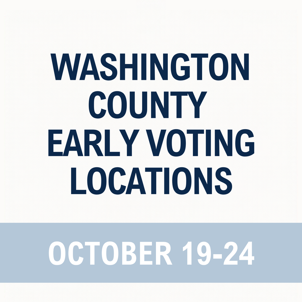 A square graphic with a white background and large, bold, dark navy blue text centered across four lines reading “WASHINGTON COUNTY EARLY VOTING LOCATIONS.” A light blue horizontal banner spans the bottom portion of the graphic, featuring large white text that reads “OCTOBER 19–24.” The design is simple and clean, highlighting early voting information for Washington County, Arkansas.