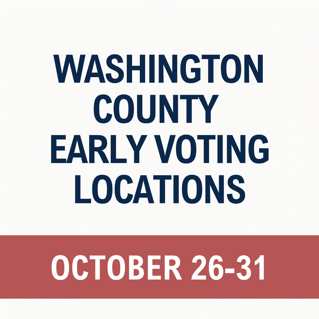 A square graphic with a white background featuring large, bold, dark navy blue text centered across four lines reading “WASHINGTON COUNTY EARLY VOTING LOCATIONS.” A muted red horizontal banner spans the bottom portion of the graphic, displaying “OCTOBER 26–31” in large, bold white letters. The clean, minimalist design uses a patriotic color scheme of red, white, and navy blue to highlight the early voting dates for Washington County, Arkansas.