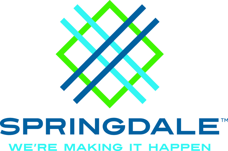 City of Springdale logo featuring a green diamond outline overlaid with intersecting diagonal blue lines in varying shades, above the word “Springdale” in bold blue capital letters.
