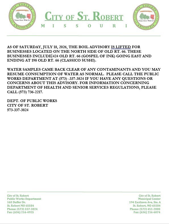 THE BOIL ADVISORY IS NOW LIFTED FOR OLD RT. 66 STARTING AT 424 OLD RT. 66 (GOSPEL OF INK) GOING EAST AND ENDING AT 198 OLD RT. 66 (CLASSICO SUSHI).