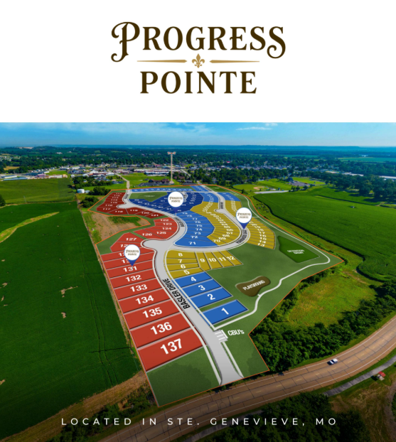 Aerial image of new subdivision with numbered lots platted out -named Progress Pointe