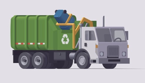 Trash truck with auto-arm dumping trash out of trash can into truck - animated