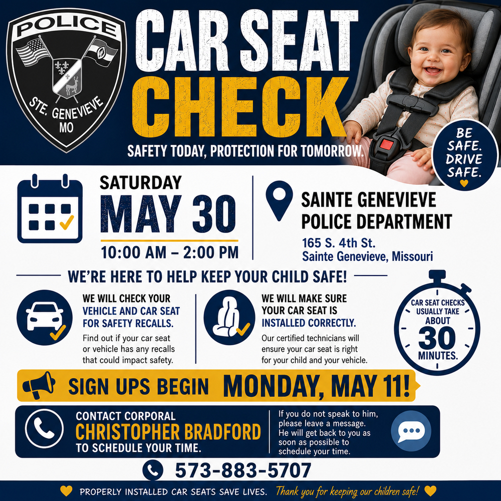 Carseat Safety Check flyer - event May 30th from 10am to 2pm