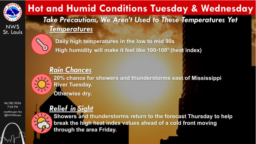 Screen shot from NOAA showing warning of dangerous heat indexes this week and possible thunderstorms